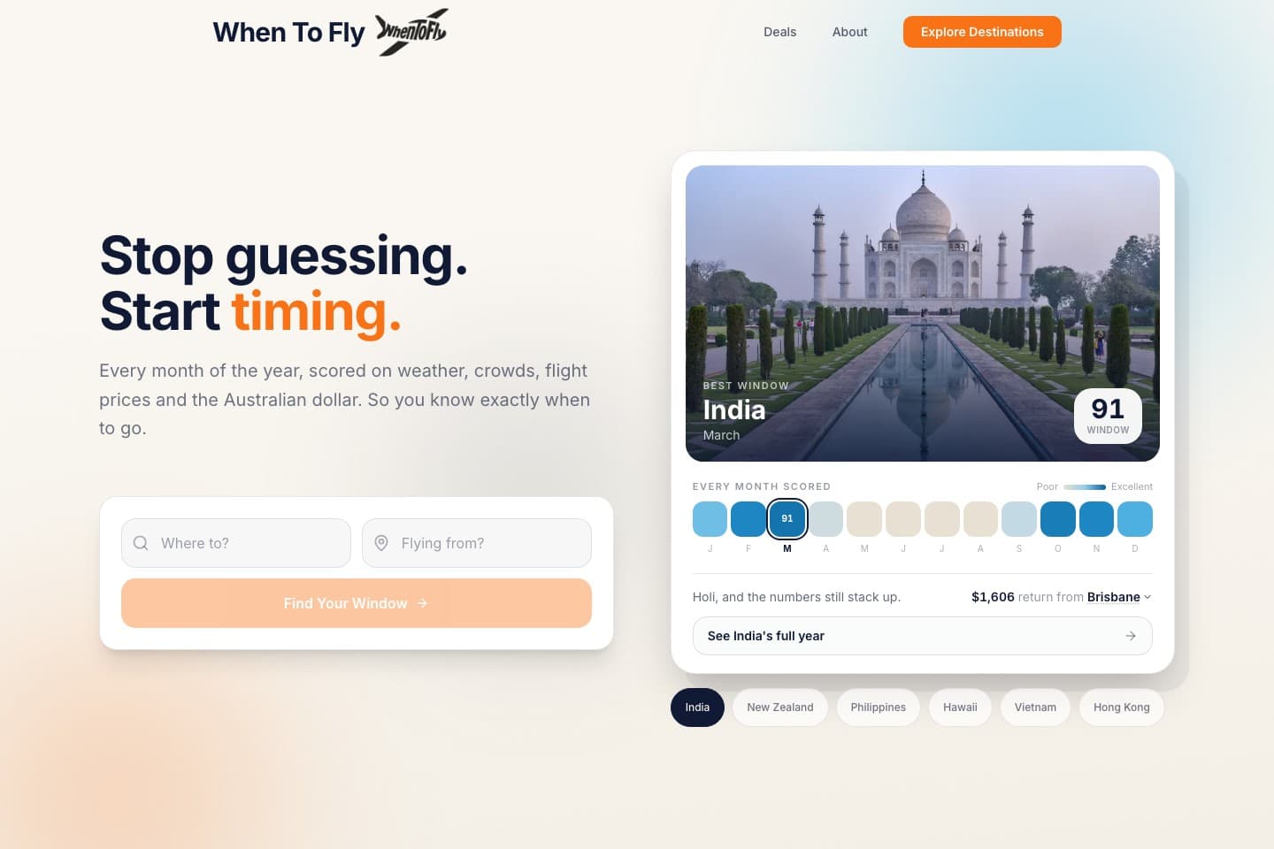 When To Fly’s homepage. The animated preview transitions to Explore and shows flight routes spreading across the map.