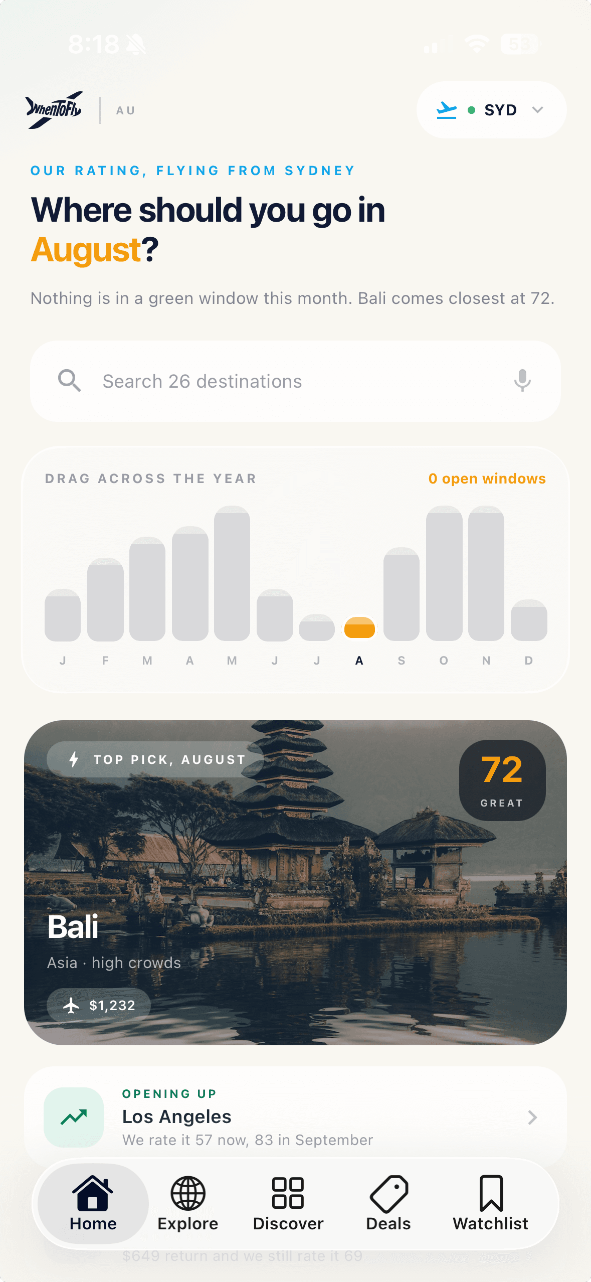 When To Fly’s iOS home screen, featuring Bali, presented in an iPhone frame.